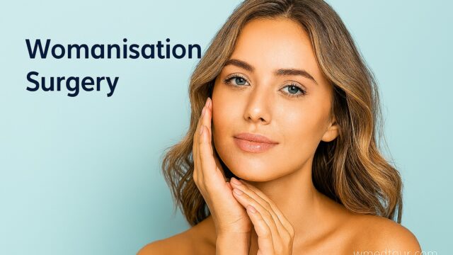 Confident woman with soft features and serene expression, symbolizing transformation and empowerment through womanisation surgery; includes subtle “wmedtour.com” watermark.