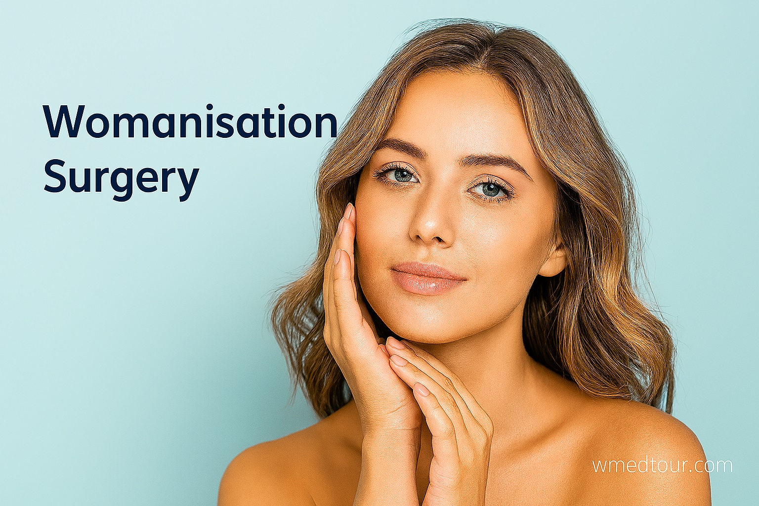 Confident woman with soft features and serene expression, symbolizing transformation and empowerment through womanisation surgery; includes subtle “wmedtour.com” watermark.
