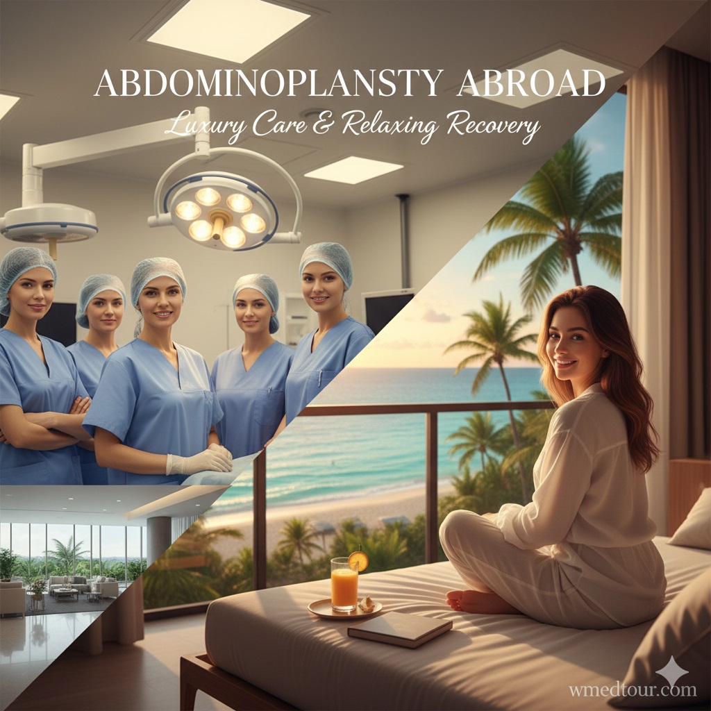 Collage showing a smiling surgical team, a luxurious recovery room overlooking a tropical beach, and a modern clinic lobby, emphasizing comfort and professional care for abdominoplasty patients abroad.