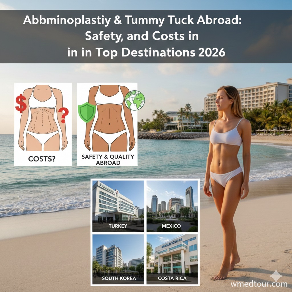 Woman on beach considering abdominoplasty abroad, with visuals for costs, safety, and top medical tourism destinations like Turkey, Mexico, South Korea, and Costa Rica