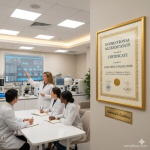 Close-up of gloved hands performing lab work on colorful vials under a microscope, with a scientist in the background and a transparent overlay displaying "QUALITY CONTROL PROTOCOLS," "LAB ACCURACY," and "SUCCESS METRICS."