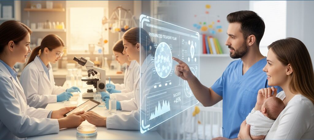 A medical team in a lab setting discussing a personalized fertility plan with a doctor holding a baby and a happy mother. The image includes the text "Age and Fertility - How to Improve IVF Success Rates" and a "wmedtour.com" watermark.