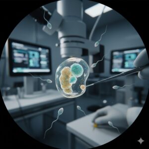 Microscopic view of an egg cell being manipulated with a fine needle in an IVF laboratory, surrounded by sperm cells, illustrating the fertilization process.