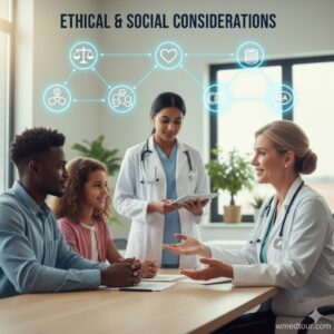 A diverse family (father and daughter) consulting with two female doctors, with glowing icons above representing various ethical and social considerations like justice, heart (empathy), money, family, and interconnectedness. The text "ETHICAL & SOCIAL CONSIDERATIONS" is at the top.