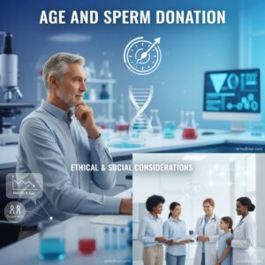 A high-definition composite image for a WordPress post titled "Age and Sperm Donation." The top section features a thoughtful, mature man in a lab setting, with scientific equipment, a DNA helix, and a clock icon, symbolizing the connection between age and genetics. The bottom left shows a microscopic view related to sperm health, with graphs for motility and fragmentation tied to age. The bottom right depicts a medical team discussing ethical and social considerations, including a child. The overall theme is "Age and Sperm Donation," with a subtle "wmedtour.com" watermark.