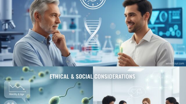 A diverse family (father and daughter) consulting with two female doctors, with glowing icons above representing various ethical and social considerations like justice, heart (empathy), money, family, and interconnectedness. The text "ETHICAL & SOCIAL CONSIDERATIONS" is at the top. The watermark "wmedtour.com" is visible.