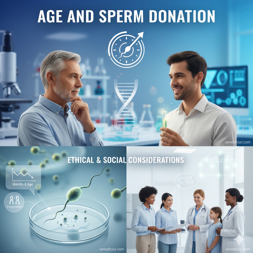 A diverse family (father and daughter) consulting with two female doctors, with glowing icons above representing various ethical and social considerations like justice, heart (empathy), money, family, and interconnectedness. The text "ETHICAL & SOCIAL CONSIDERATIONS" is at the top. The watermark "wmedtour.com" is visible.