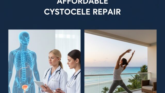 Image illustrating medical consultation for a fallen bladder (cystocele) and a woman practicing yoga by the sea, representing recovery and medical tourism, with "Fallen Bladder? How Medical Tourism Offers Expert, Affordable Cystocele Repair" text overlay and wmedtour.com watermark.