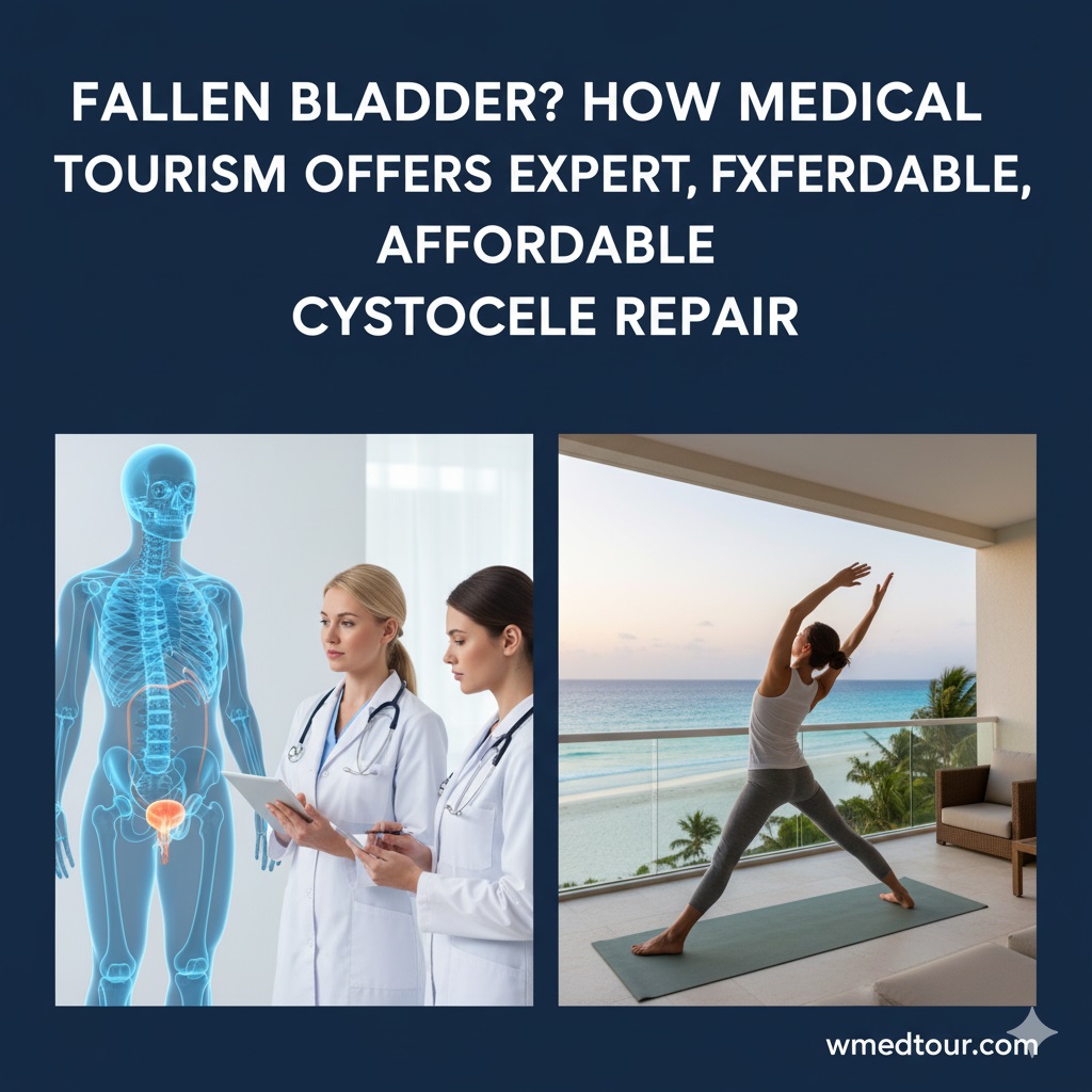 Image illustrating medical consultation for a fallen bladder (cystocele) and a woman practicing yoga by the sea, representing recovery and medical tourism, with "Fallen Bladder? How Medical Tourism Offers Expert, Affordable Cystocele Repair" text overlay and wmedtour.com watermark.