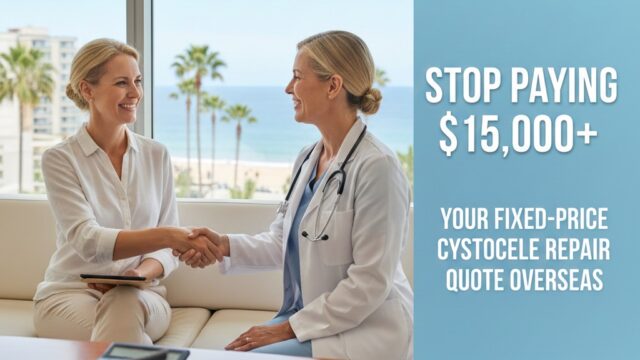 Woman shaking hands with a doctor, discussing overseas medical travel for cystocele repair. Passports and documents are on the table.