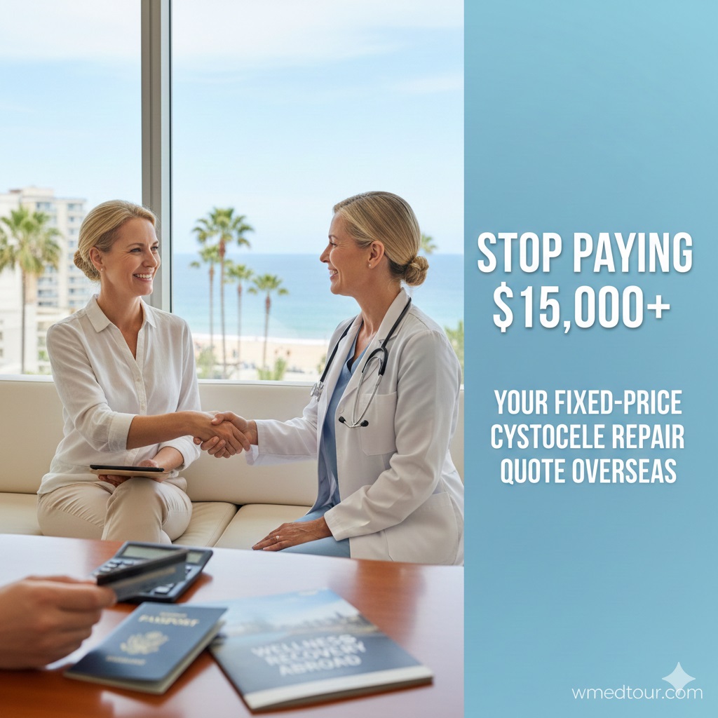 Woman shaking hands with a doctor, discussing overseas medical travel for cystocele repair. Passports and documents are on the table.
