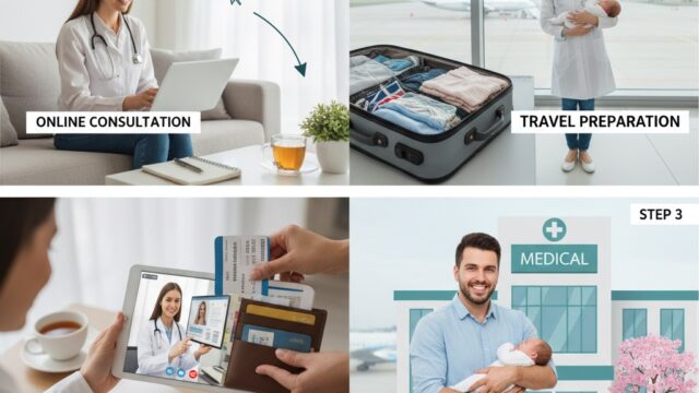 Infographic showing the steps from online consultation to travel preparation and finally a successful IVF journey abroad, represented by a happy couple and a baby, with a clinic in the background.