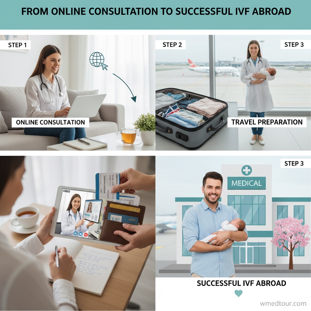 Infographic showing the steps from online consultation to travel preparation and finally a successful IVF journey abroad, represented by a happy couple and a baby, with a clinic in the background.