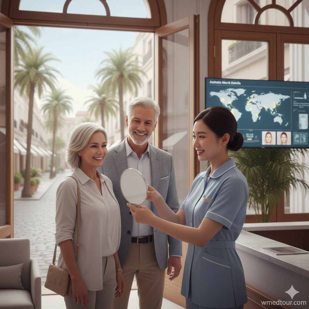 A senior couple being greeted by a friendly receptionist in a luxurious aesthetic clinic lobby with a map on the screen and an inviting street view outside.