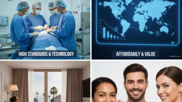 A futuristic medical center on a coastline with a modern city in the background, featuring Arab families.