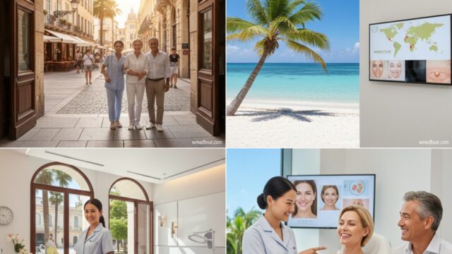 Collage showing a group walking down a European street, a tropical beach, a modern clinic reception, and a happy couple at an aesthetic consultation, with text overlay
