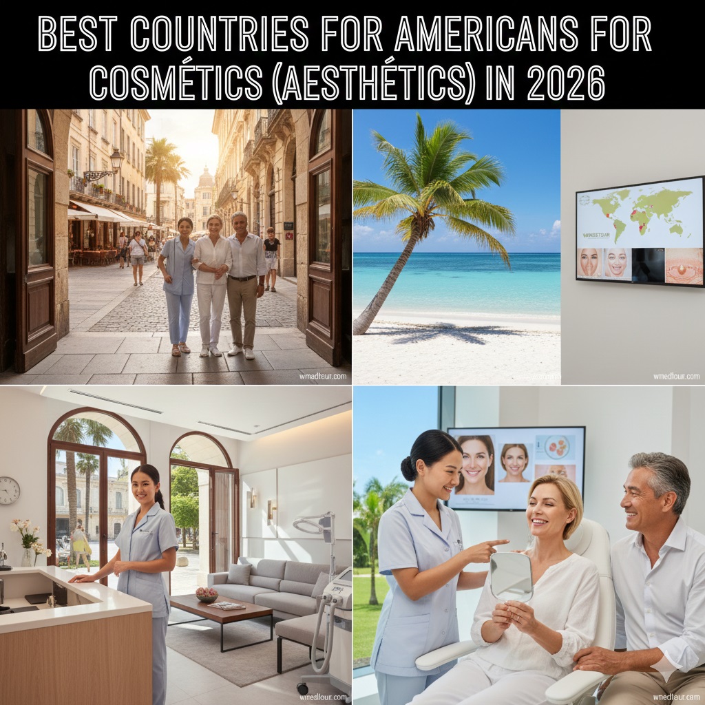 Collage showing a group walking down a European street, a tropical beach, a modern clinic reception, and a happy couple at an aesthetic consultation, with text overlay