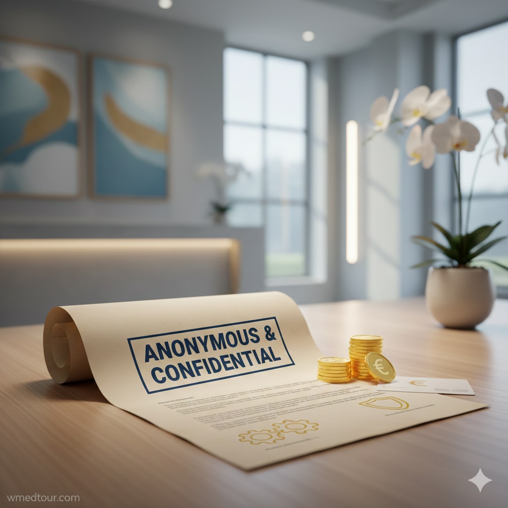 A legal document marked "Anonymous & Confidential" next to a stack of gold coins and euro symbols, symbolizing ethical compensation and donor anonymity in fertility treatment.