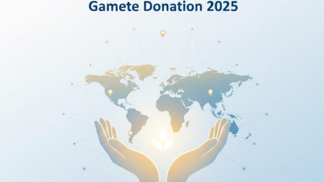 A global map with hands holding a glowing plant symbol, representing international options for anonymous and compensated gamete donation. Text overlay: "Best Country for Anonymous/Compensated Gamete Donation 2025".
