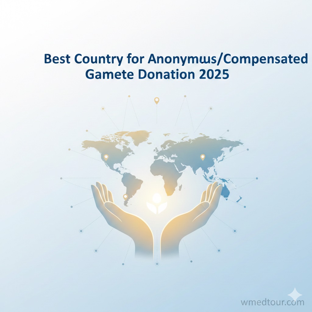 A global map with hands holding a glowing plant symbol, representing international options for anonymous and compensated gamete donation. Text overlay: "Best Country for Anonymous/Compensated Gamete Donation 2025".