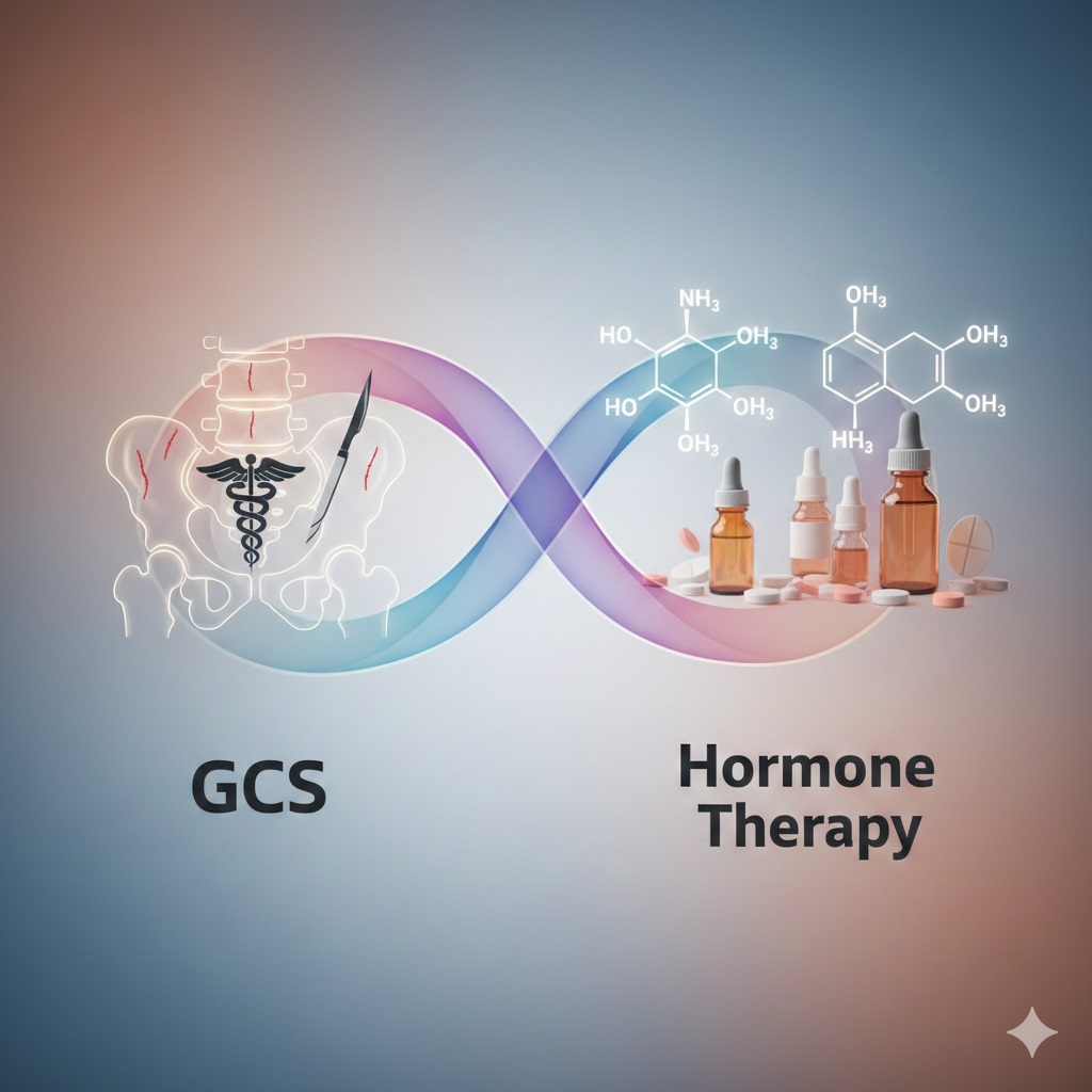 Abstract illustration showing an infinity symbol connecting two elements: on the left, a glowing outline of a pelvic area with a Caduceus and surgical instruments representing GCS (Gender Confirmation Surgery); on the right, vials, pills, and the molecular structure of estrogen/testosterone (specifically shown is a catecholamine structure adjacent to a steroid-like structure) representing Hormone Therapy. The text "GCS" and "Hormone Therapy" are below their respective elements.
