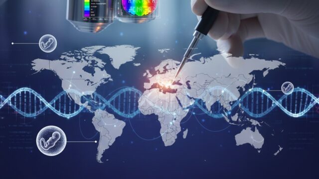 High-definition image of a microscope, hand holding a micro-pipette, DNA helix, and world map with highlighted regions for Preimplantation Genetic Screening (PGS/PGD) in 2025.