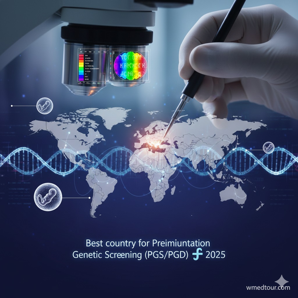 High-definition image of a microscope, hand holding a micro-pipette, DNA helix, and world map with highlighted regions for Preimplantation Genetic Screening (PGS/PGD) in 2025.