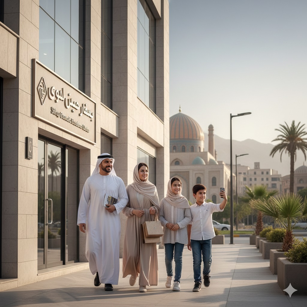 An Arab family walking outside a modern building in Iran, with a mosque in the background, suggesting a medical tourism trip for cosmetics.
