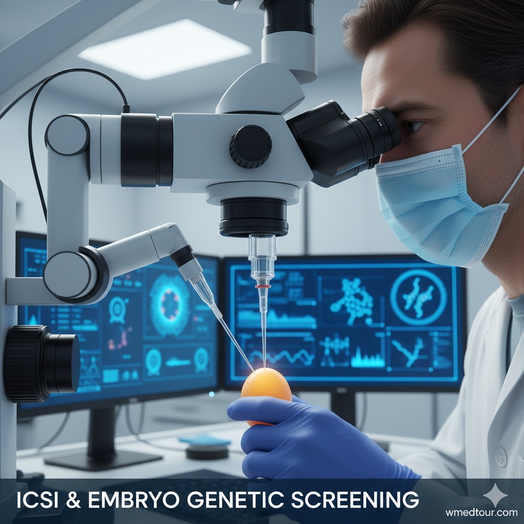 A close-up of a scientist performing intracytoplasmic sperm injection (ICSI) under a microscope, with digital displays showing genetic data.