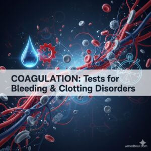 A detailed illustration showing blood cells (red blood cells, white blood cells, platelets) and a drop of blood against a dark, technologically infused background, with the text "COAGULATION: Tests for Bleeding & Clotting Disorders" overlaid. A small "wmedtour.com" watermark is visible in the bottom right corner.