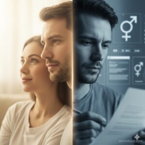 A split image contrasting a hopeful couple looking towards a bright future with a thoughtful man reviewing documents overlaid with gender symbols, representing the emotional and practical aspects of gender selection.