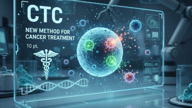 A futuristic holographic display in a laboratory setting showing cancer cells and the acronym CTC (Circulating Tumor Cells) with text "New Method for Cancer Treatment." A medical symbol (caduceus) and a DNA strand are also visible.