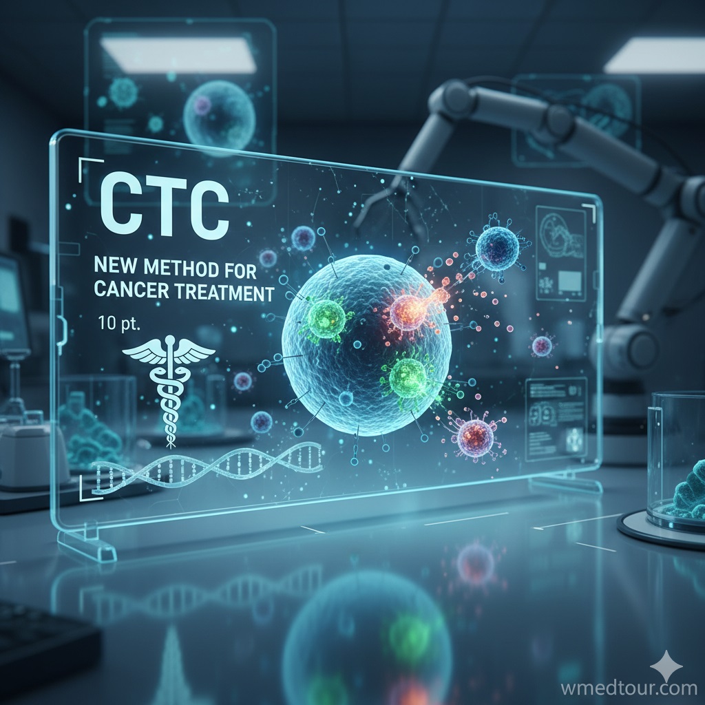 A futuristic holographic display in a laboratory setting showing cancer cells and the acronym CTC (Circulating Tumor Cells) with text "New Method for Cancer Treatment." A medical symbol (caduceus) and a DNA strand are also visible.
