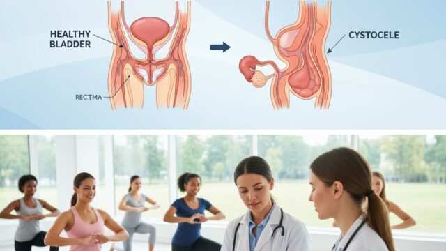 Illustration comparing a healthy bladder to a bladder with a cystocele, along with women performing pelvic floor exercises.