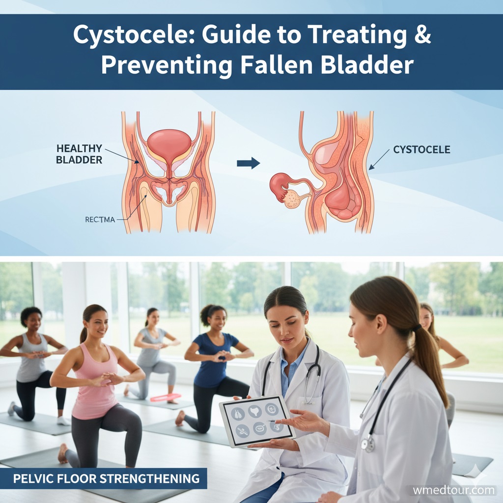 Illustration comparing a healthy bladder to a bladder with a cystocele, along with women performing pelvic floor exercises.