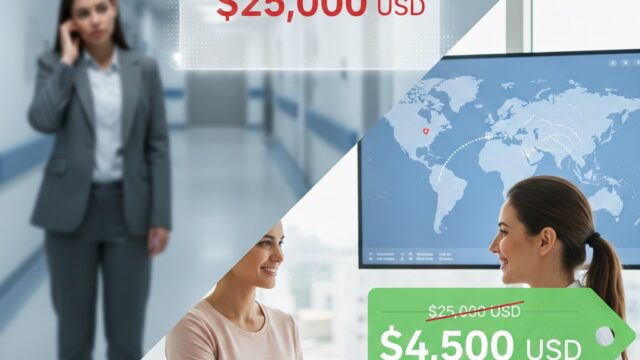 A visual comparison showing a worried woman in a hospital hallway with a high domestic surgery cost ($25,000 USD) contrasted with a happy patient shaking hands with a doctor for a lower international cost ($4,500 USD), highlighting "Save up to 70%". Watermark: wmedtour.com.