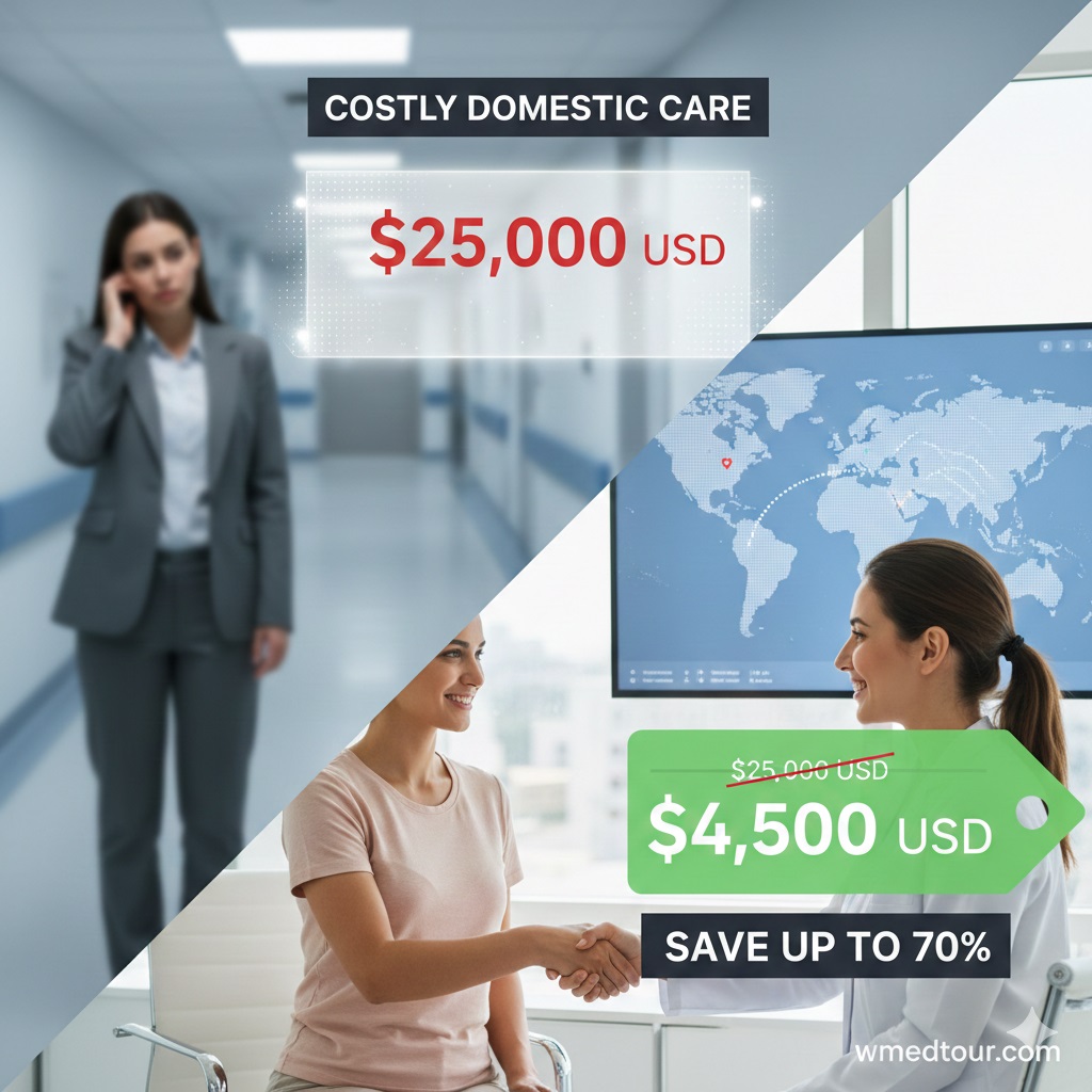 A visual comparison showing a worried woman in a hospital hallway with a high domestic surgery cost ($25,000 USD) contrasted with a happy patient shaking hands with a doctor for a lower international cost ($4,500 USD), highlighting "Save up to 70%". Watermark: wmedtour.com.