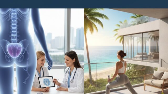 Image depicting medical consultation for cystocele treatment and a woman recovering peacefully by the sea, with "Stop the Sag: Comprehensive Cystocele Treatment Guide & Recovery Abroad" text overlay and wmedtour.com watermark.