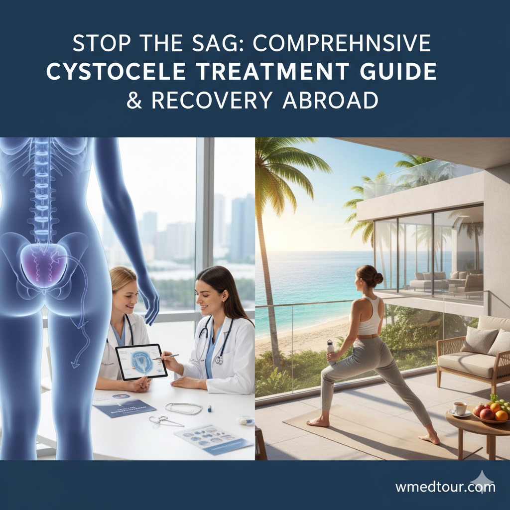 Image depicting medical consultation for cystocele treatment and a woman recovering peacefully by the sea, with "Stop the Sag: Comprehensive Cystocele Treatment Guide & Recovery Abroad" text overlay and wmedtour.com watermark.