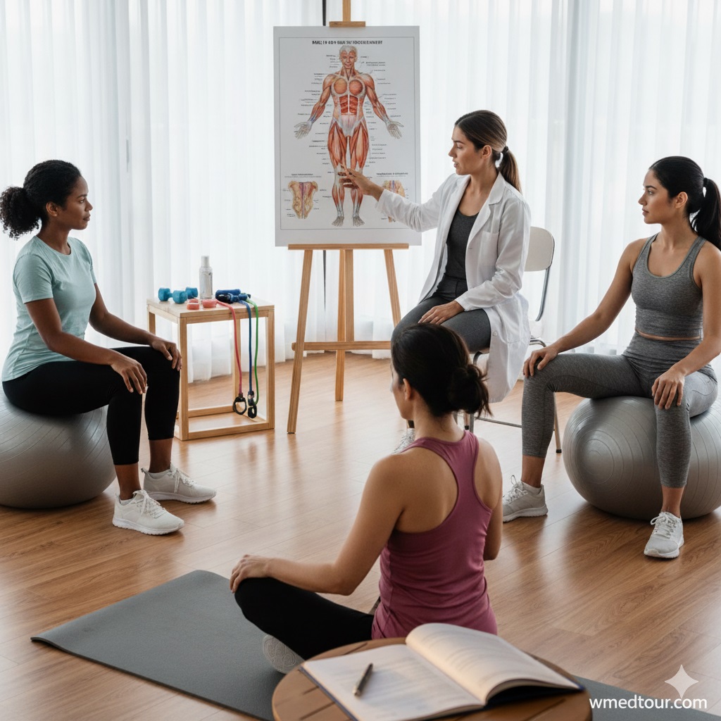 A physical therapist instructing women on pelvic floor exercises using an anatomical chart, relevant for fallen bladder management.