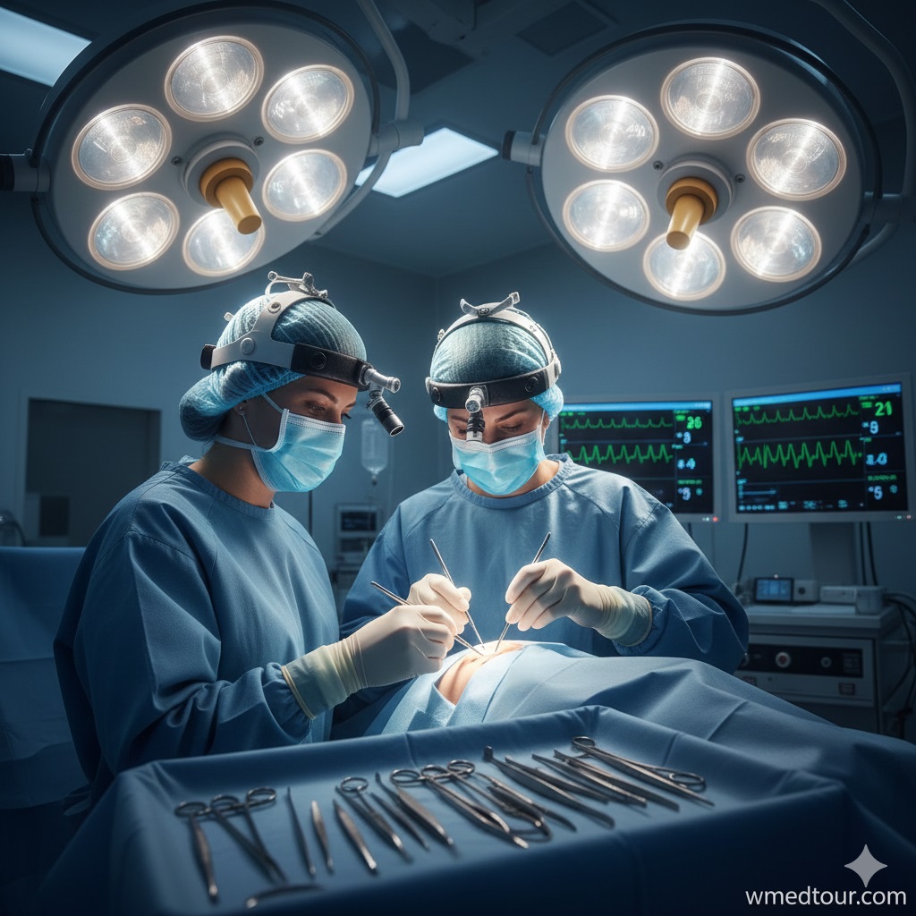 Two skilled surgeons performing a Deep Plane Facelift with precision in a modern operating room, utilizing surgical loupes and instruments under bright surgical lights.