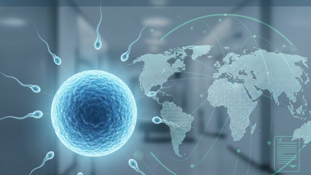 Illustration of an egg and sperm with a world map overlay, symbolizing international egg and sperm donation options, laws, and costs for patients.