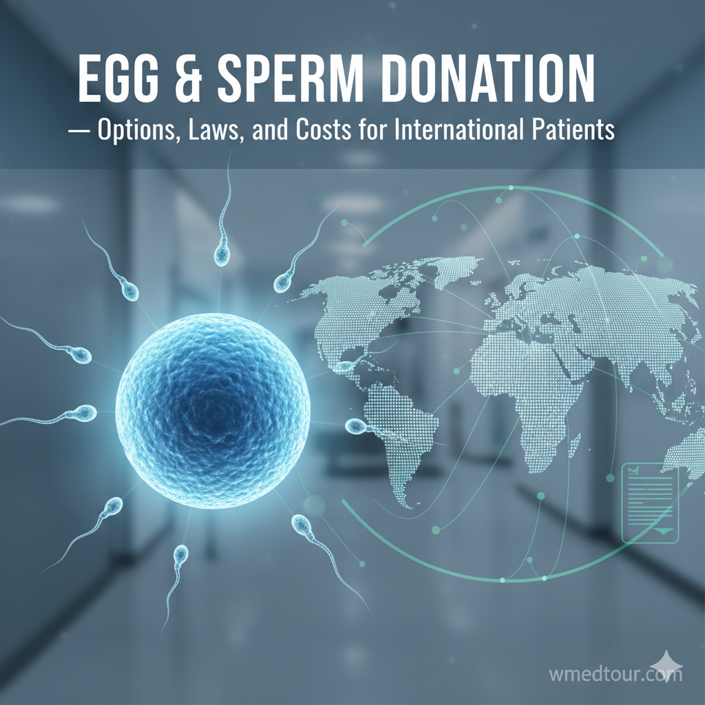 Illustration of an egg and sperm with a world map overlay, symbolizing international egg and sperm donation options, laws, and costs for patients.