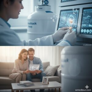 A split image showing a scientist examining an embryo vial in a lab with cryogenic storage in the background, and a couple happily looking at fertility information on a tablet at home.