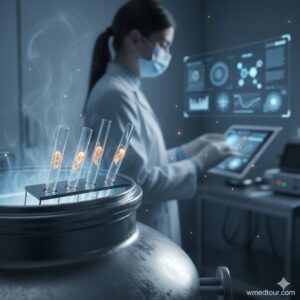 A close-up of embryos in test tubes being carefully handled near a cryogenic storage tank, with a masked scientist operating advanced monitoring equipment in the background.