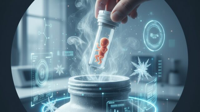 An image depicting a human hand placing a vial containing an embryo into a cryogenic storage tank, surrounded by futuristic glowing elements and ice crystals, symbolizing advanced embryo freezing and storage technology.