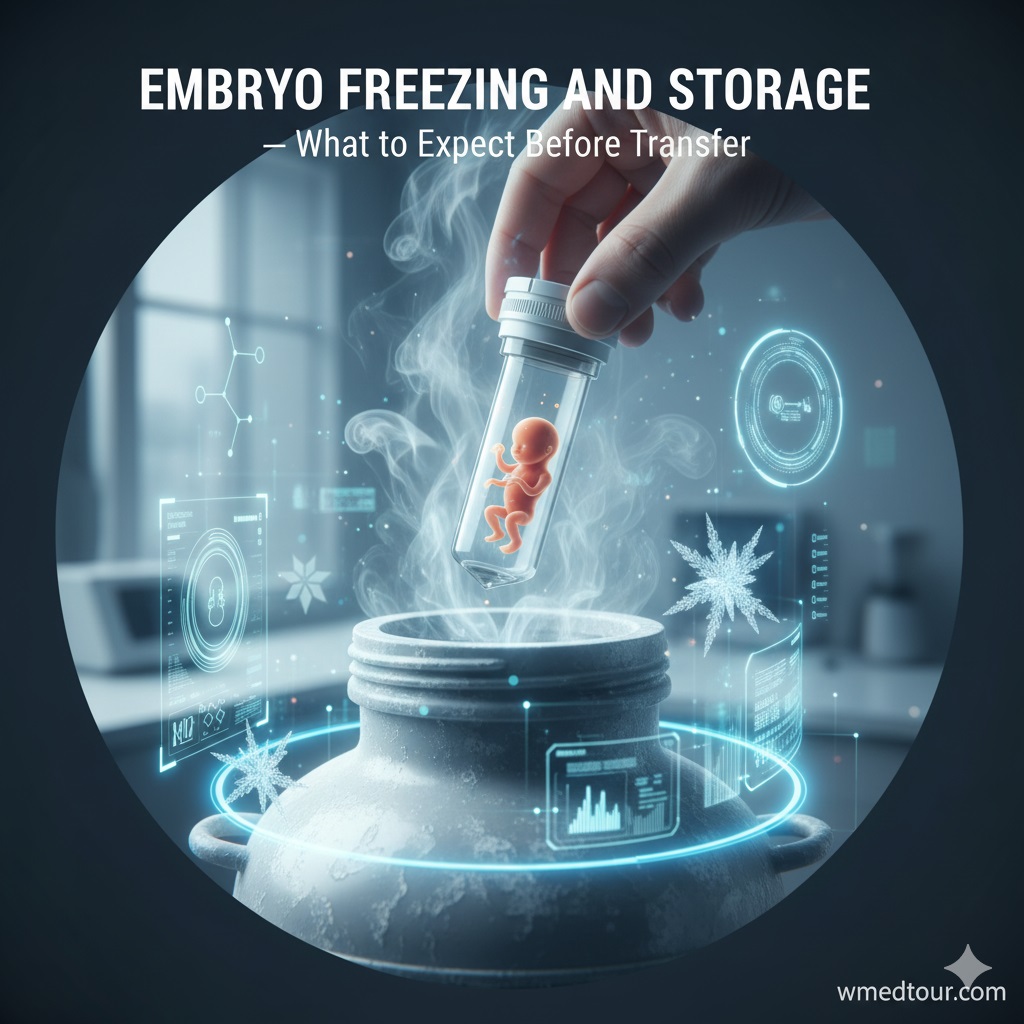 An image depicting a human hand placing a vial containing an embryo into a cryogenic storage tank, surrounded by futuristic glowing elements and ice crystals, symbolizing advanced embryo freezing and storage technology.
