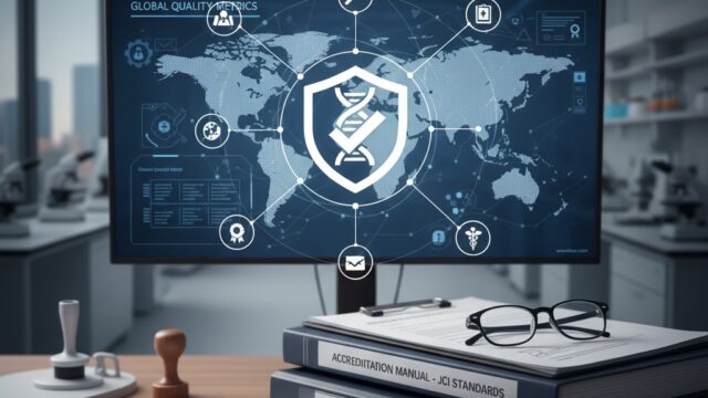 A desk in a modern medical office with an "Accreditation Manual" and "Clinical Protocols" next to a monitor displaying a shield icon with a DNA helix and a world map, symbolizing global fertility clinic quality and accreditation.