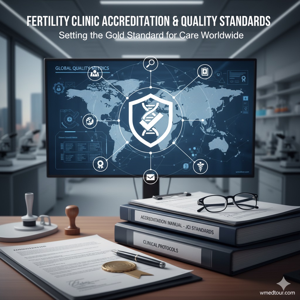 A desk in a modern medical office with an "Accreditation Manual" and "Clinical Protocols" next to a monitor displaying a shield icon with a DNA helix and a world map, symbolizing global fertility clinic quality and accreditation.
