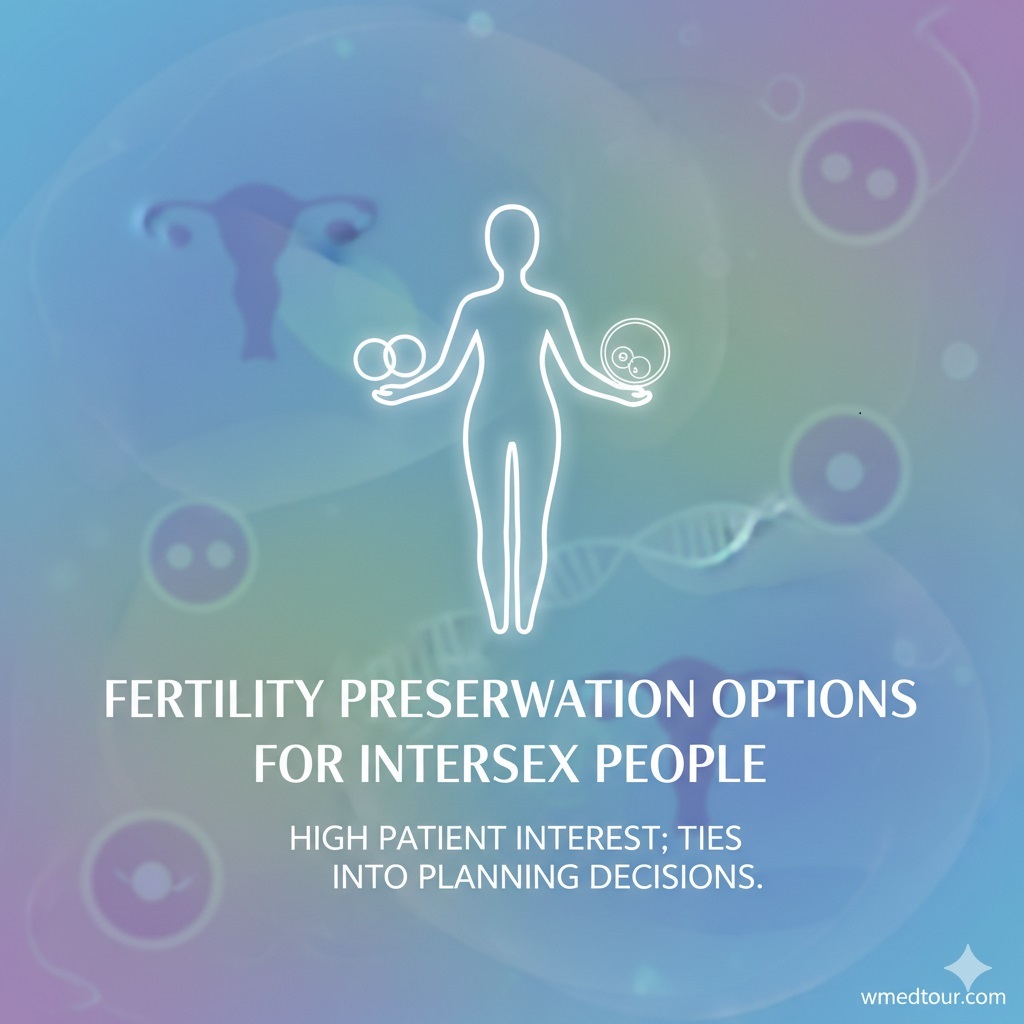 Illustration representing fertility preservation for intersex individuals, featuring a silhouette of a person holding reproductive cells and embryos, with background elements of a uterus, ovaries, and DNA strands.